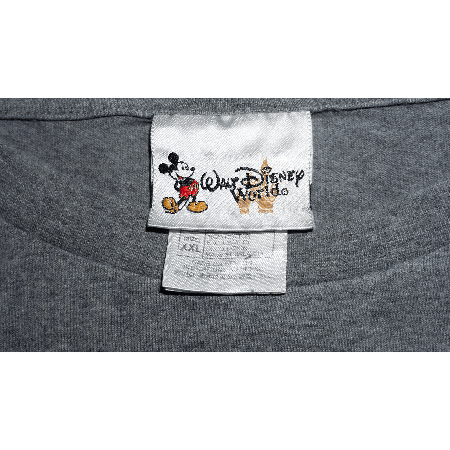 Mickey Mouse embroidered label on a gray XXL T-shirt from Walt Disney World.