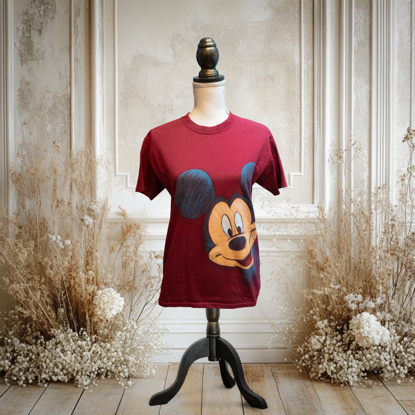 ワインレッド顔のぞきミッキーTシャツ