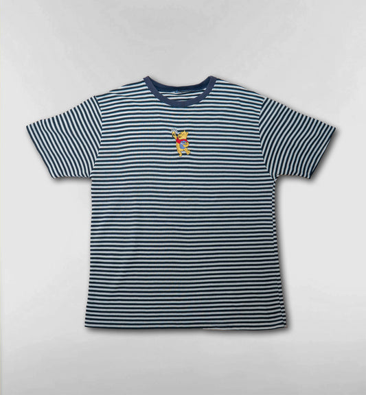 プーさんの刺繍ボーダーTシャツ【ホワイト×ネイビー】
