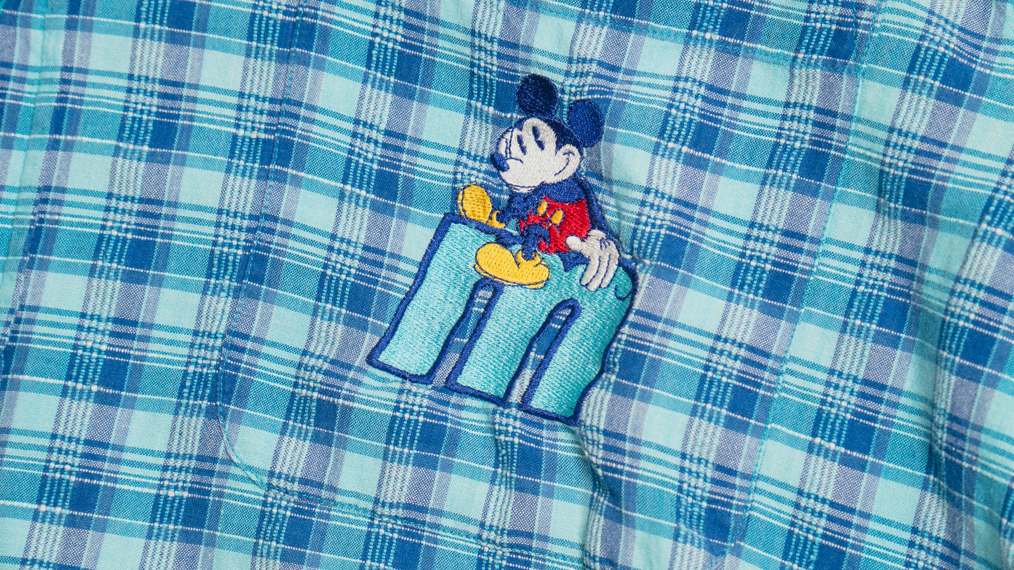 ミッキー刺繍チェック柄半袖シャツ【ターコイズ】