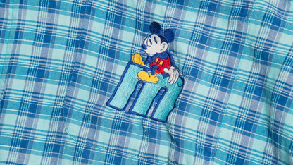 ミッキー刺繍チェック柄半袖シャツ【ターコイズ】
