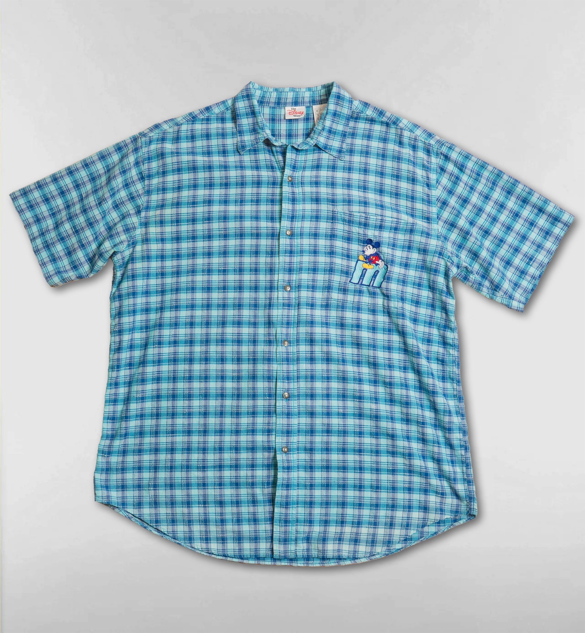 ミッキー刺繍 チェック柄半袖シャツ【ターコイズ】